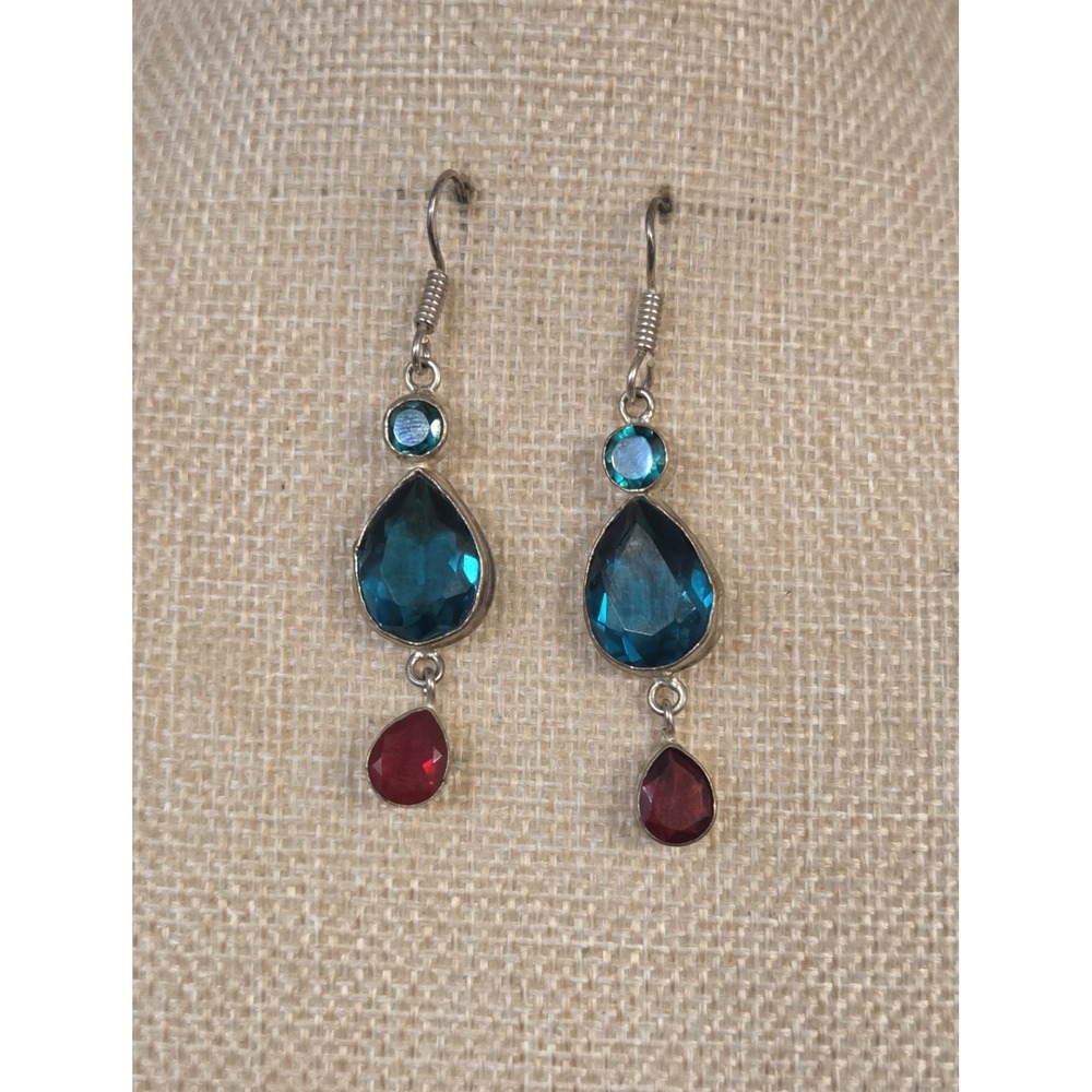 Vintage Sterling Silver Large African Garnet & Topaz Dangle Earrings 925